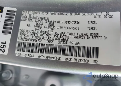 2022 Toyota Tacoma Sr5 V6 из США, поврежденный, VIN 3TMBZ5DN3NM036772